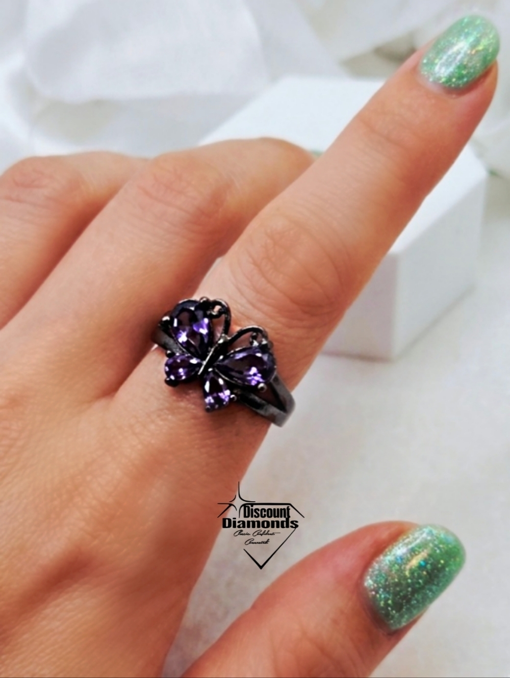 Gothic and Vintage style Black Gold Rainbow Zircon Butterfly Ring - Picture 3 of 7